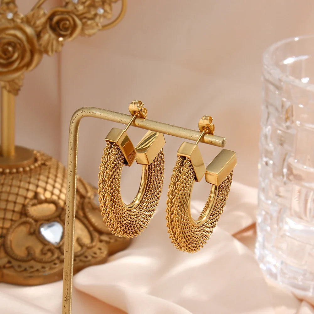 Mesh 18K Gold Plated Open Hoop Earrings