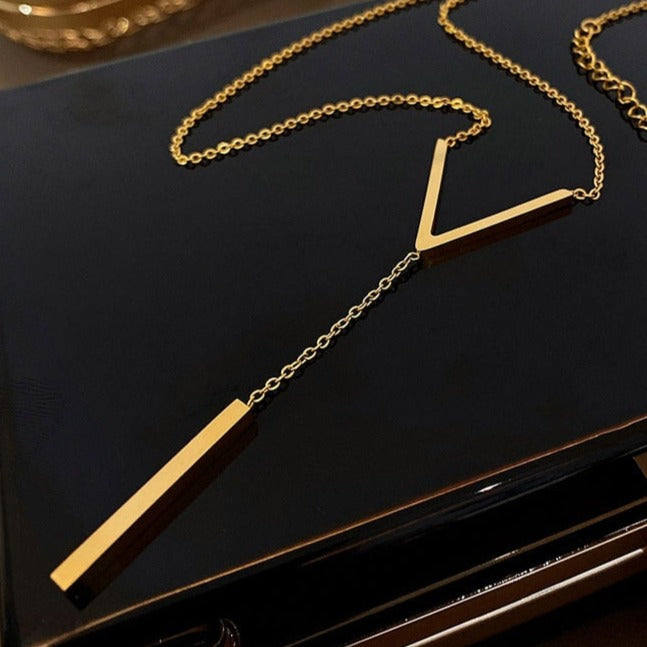 V-Shaped Long Gold Toned Chain Necklace