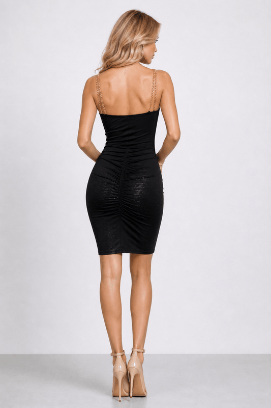 Elena Top - Vie Sauvage, Woman wearing the Elena black cowl-neck top with gold chain straps and ruched torso.”