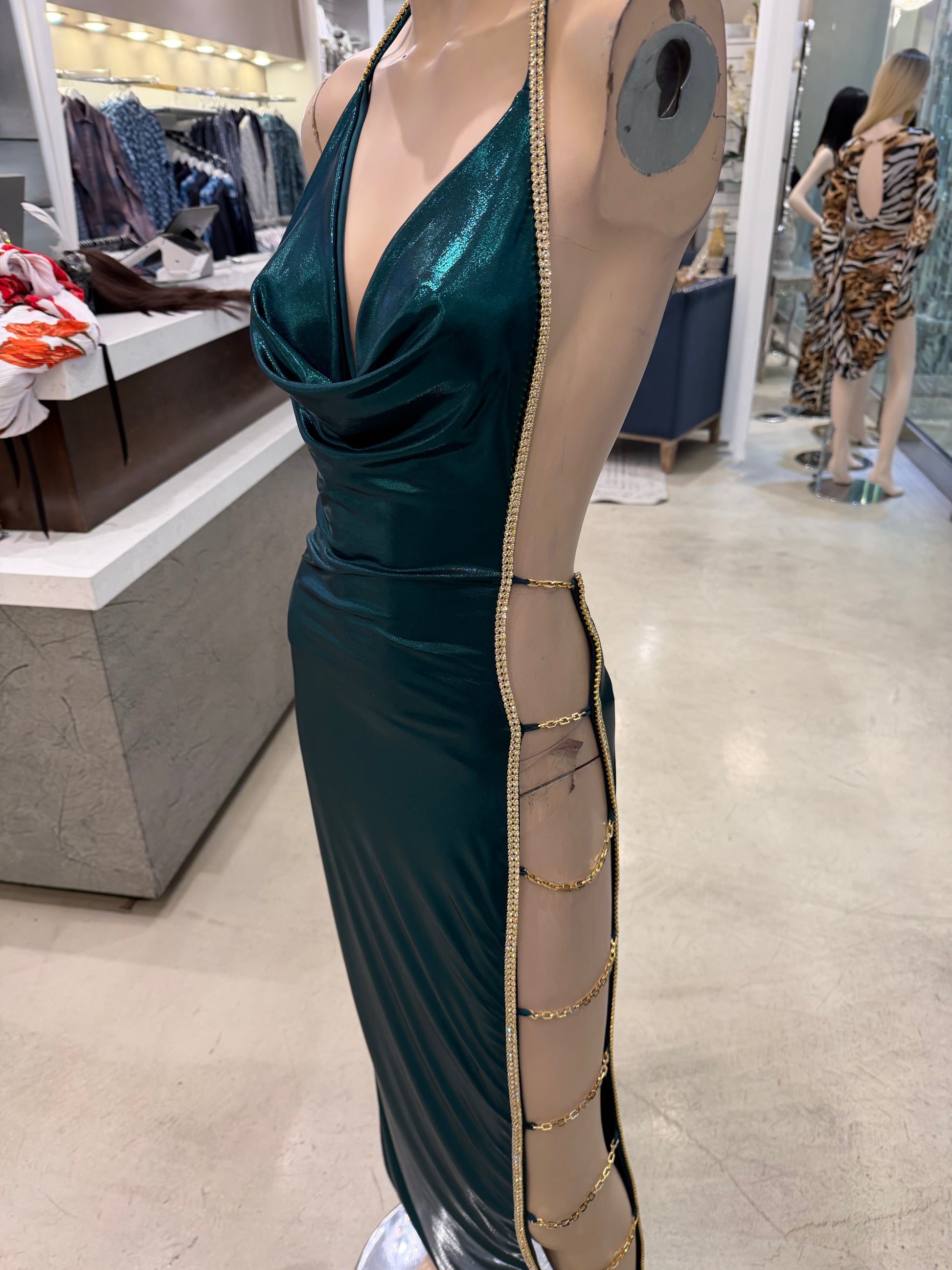 Side angle highlighting full cutout with cascading crystal drape.
