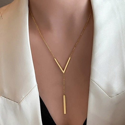 V-Shaped Long Gold Toned Chain Necklace
