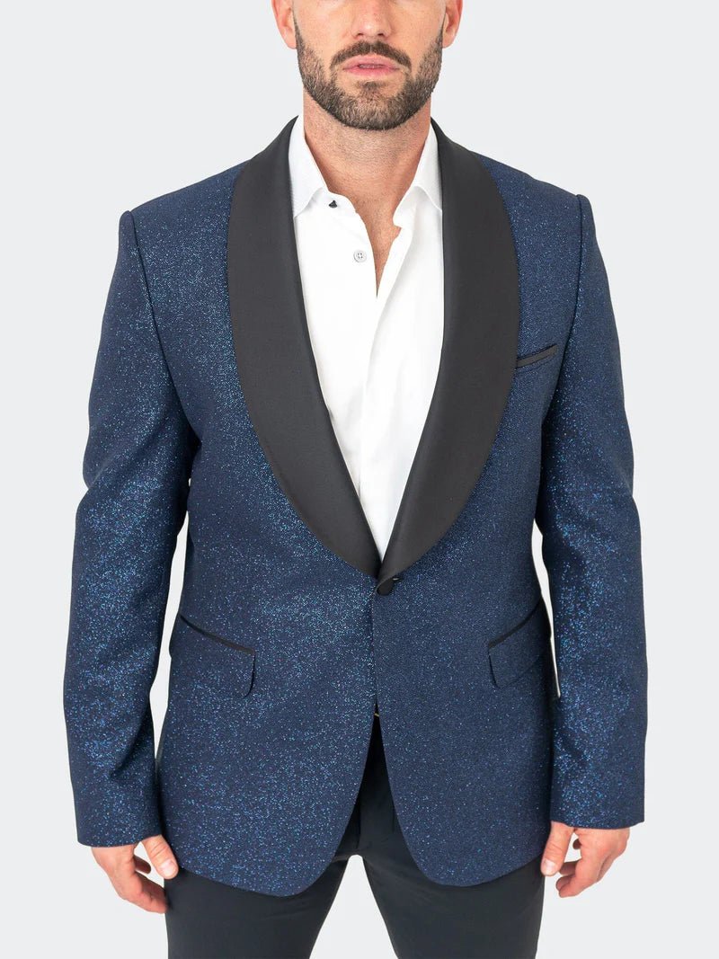 front view Elegant Ceremonial Blue Shimmer Blazer Shawl for a sophisticated touch
