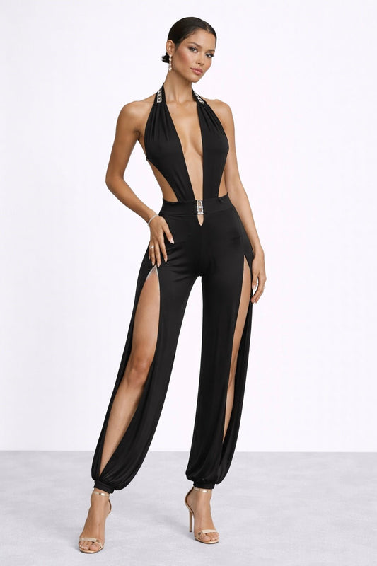 Front view of Jeannie jumpsuit showing crystal halter plunge and split legs.”