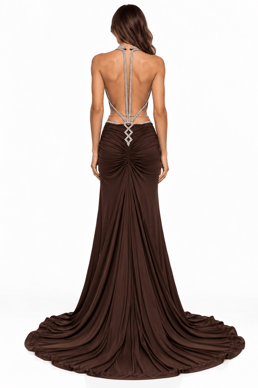 Julianna Gown | Crystal Draped Halter Open-Back Gown - Vie Sauvage