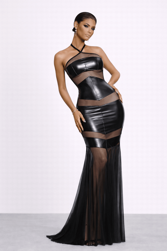 Front view of Kylie Gown showing strapless bodice with mesh cutouts and Mesh fishtail.