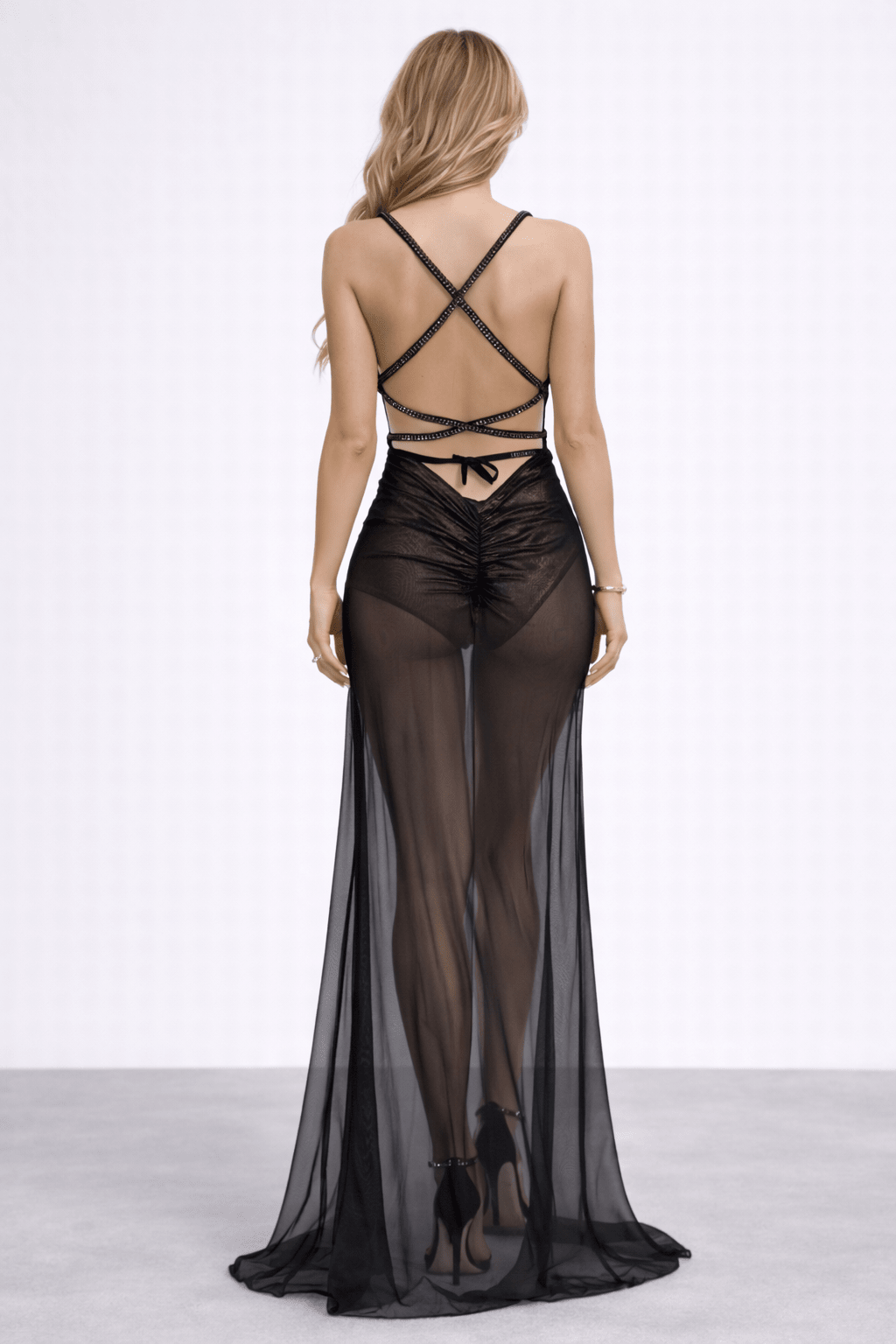 Back view highlighting crystal crisscross straps and open back. Leanne Dress - Vie Sauvage