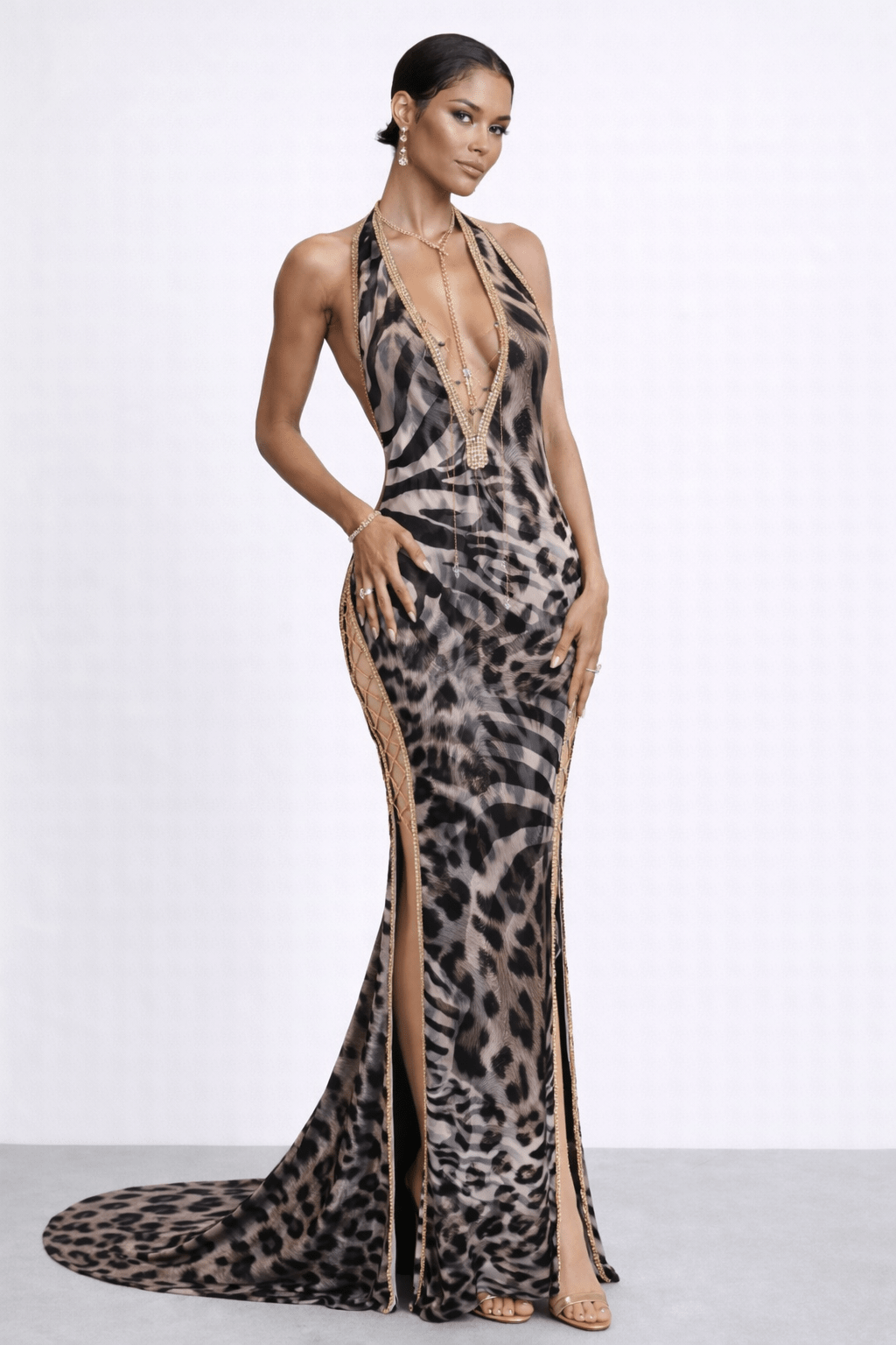 Front view of Leona Gown showing animal print halter plunge with crystal trim.