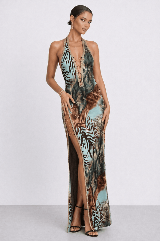 Leona Gown | Crystal Halter Double - Slit Dress | Vie Sauvage LV - Vie Sauvage