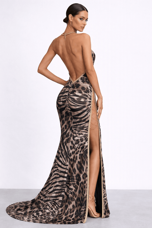 Side angle of Leona Gown highlighting dual thigh slits and sweep train.