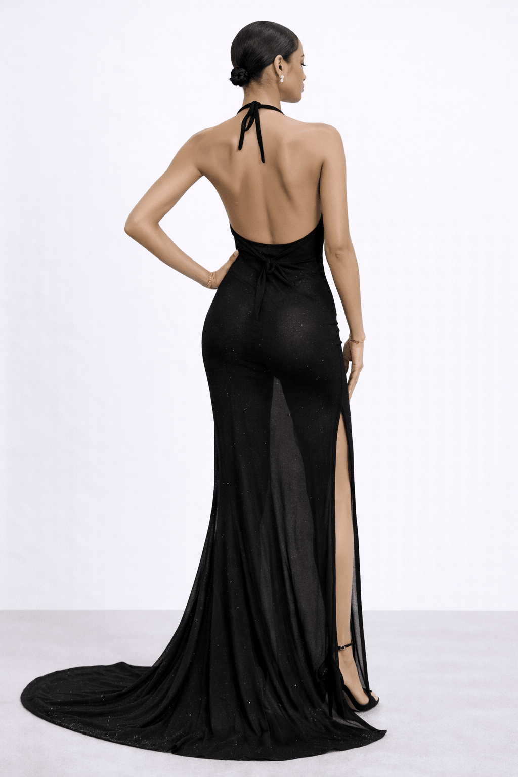Back View Liz Gown Sheer black shimmer with crystal ladder halter,