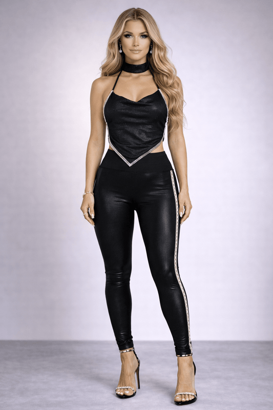 Front view of Liz crystal halter top showing cowl neckline and pointed hem.