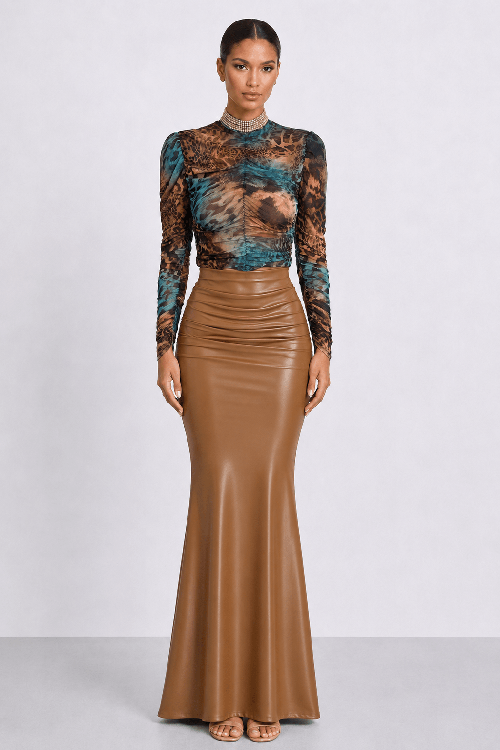 Maya Sheer Mesh Top | Crystal Collar Ruched Long Sleeve | Vie Sauvage LV - Vie Sauvage