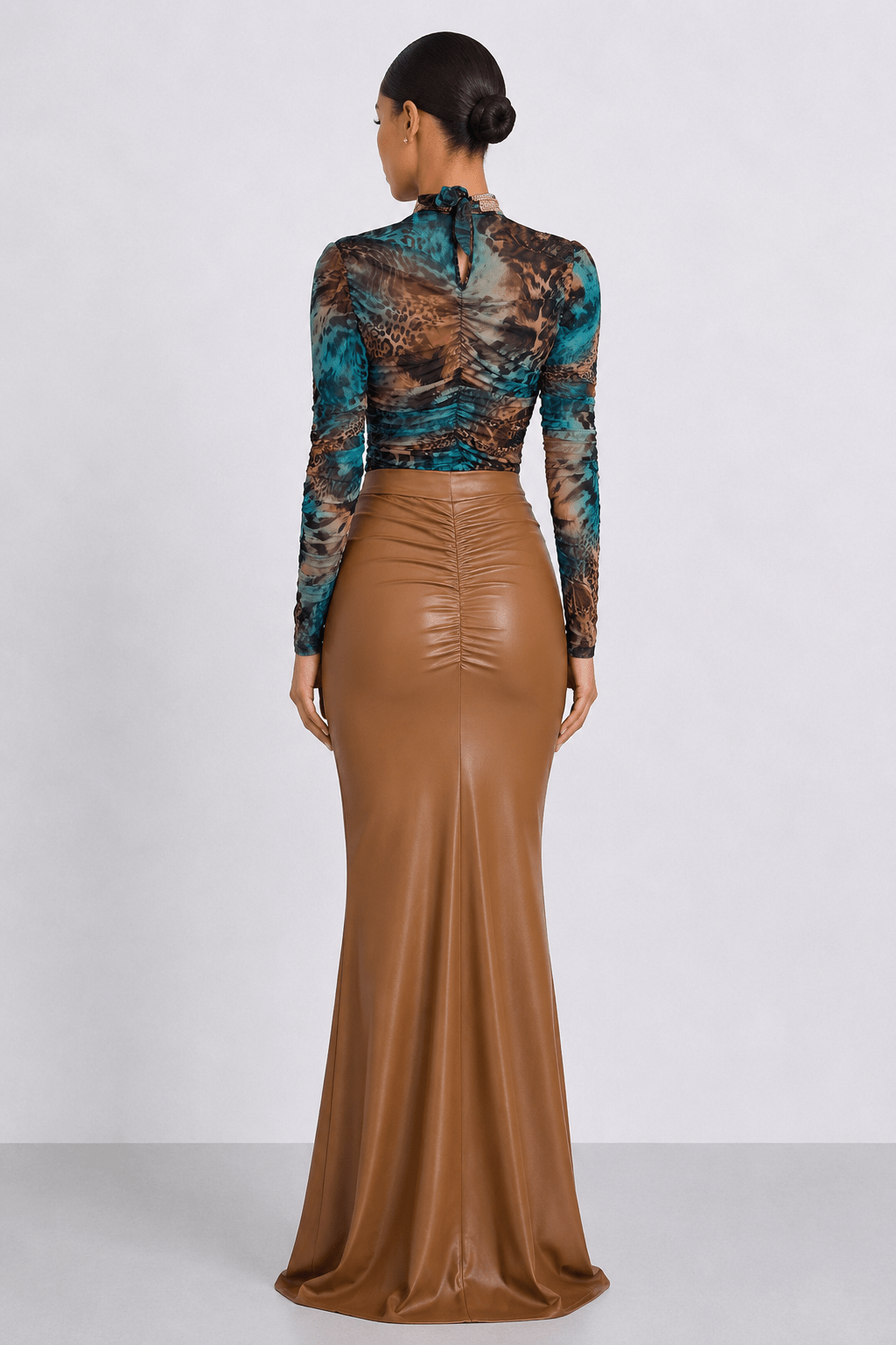 Maya Sheer Mesh Top | Crystal Collar Ruched Long Sleeve | Vie Sauvage LV - Vie Sauvage