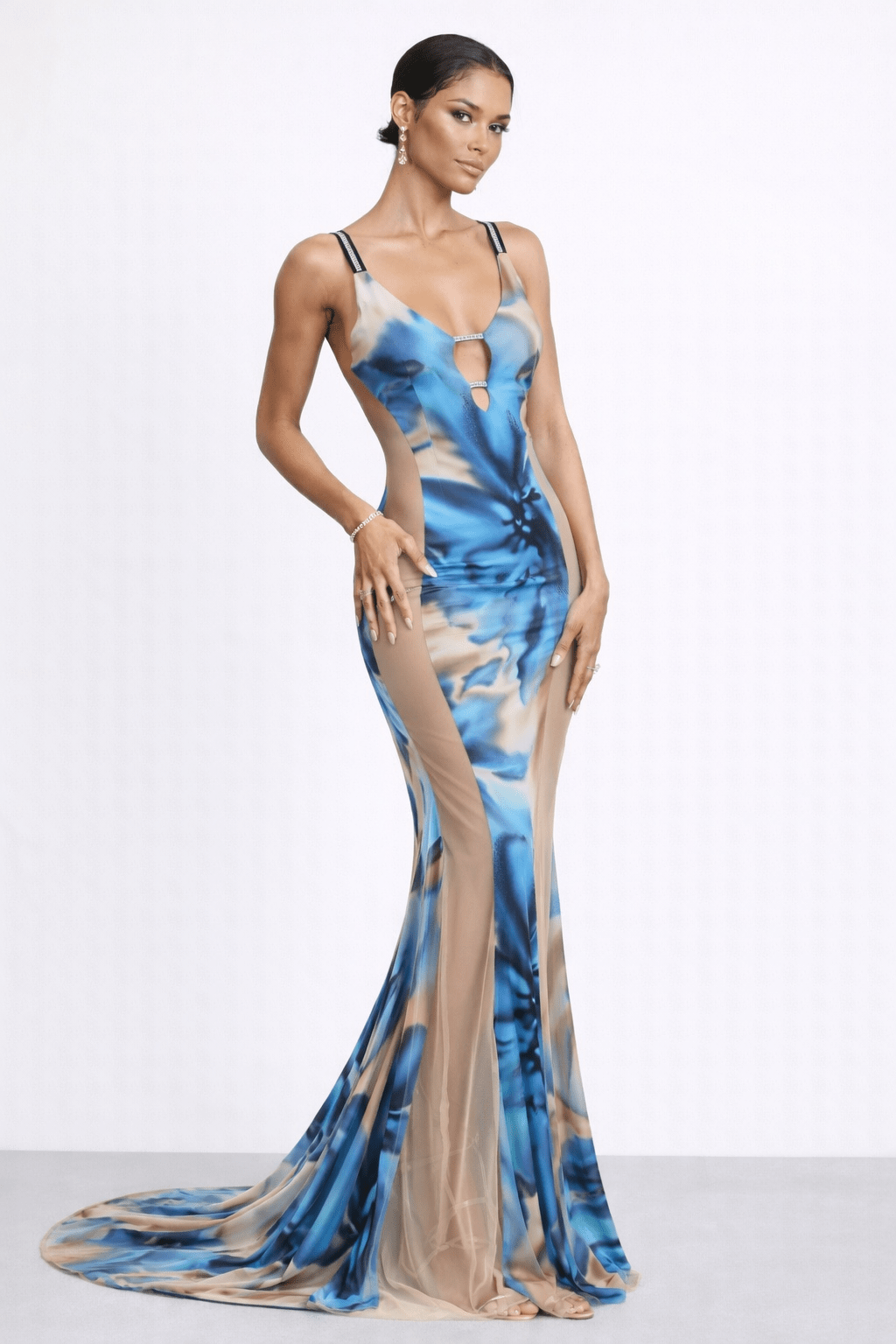 Front view of Morrigan Gown showing printed jersey and nude mesh hip insert.