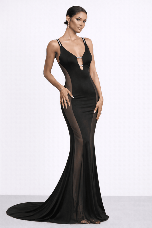 Front view of Morrigan Gown showing printed jersey and nude mesh hip insert.