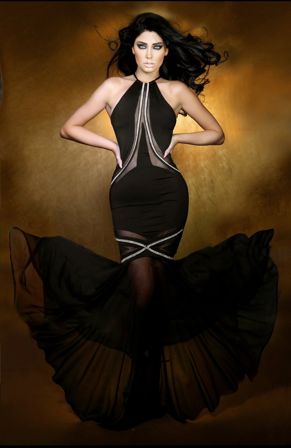 Front view of Natalie Gown showing crystal-trim mesh keyhole and halter neckline.