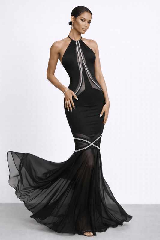 Side angle highlighting chiffon fishtail with crystal cross-belt.