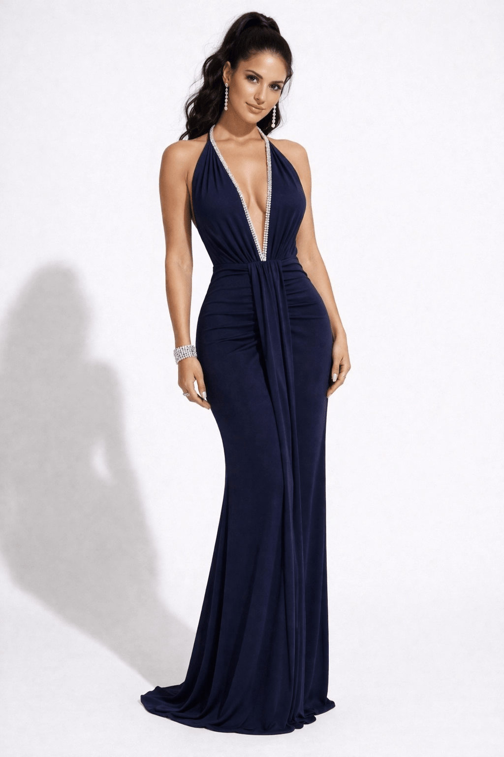 Olga Gown l Crystal Plunge Halter Evening Dress - Vie Sauvage