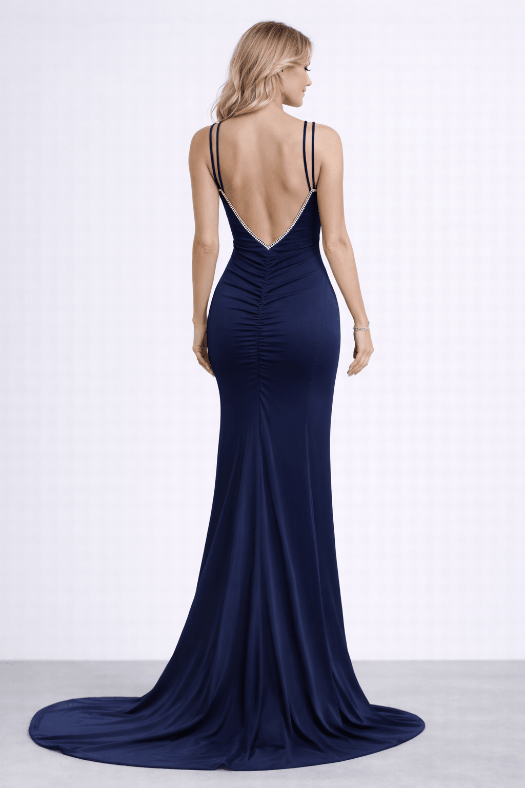 Back view highlighting double straps, crystal V-back, and ruched center seam.