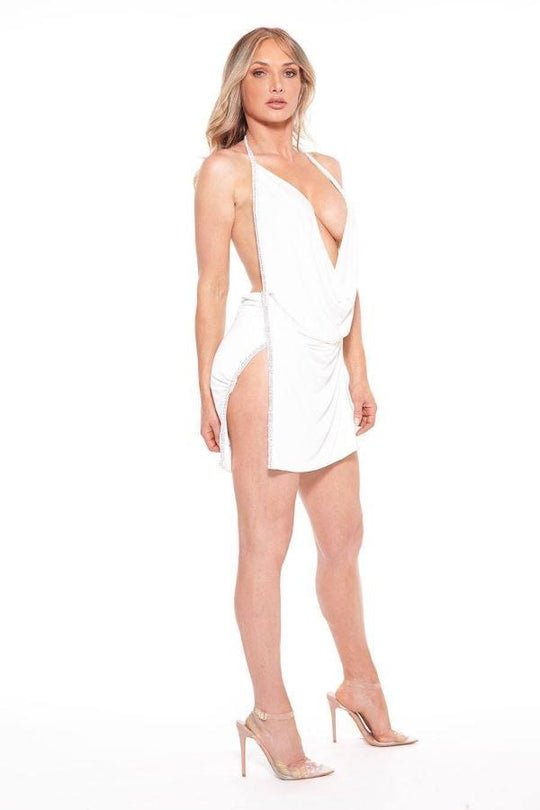 Side angle highlighting crystal piping and sarong-style front panel.